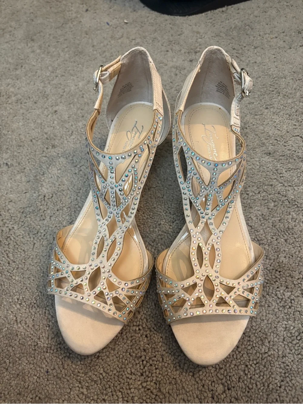 Vince Camuto Nude Crystal T‑Strap Wedge Sandals